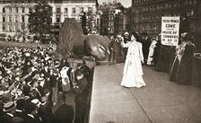 Christabel Pankhurst, British suffragette, addressing a crowd in Trafalgar Square, London, 1908
