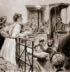 Christabel Pankhurst, British suffragette, questioning Herbert Gladstone in court, London 1909. Creator: GK Jones