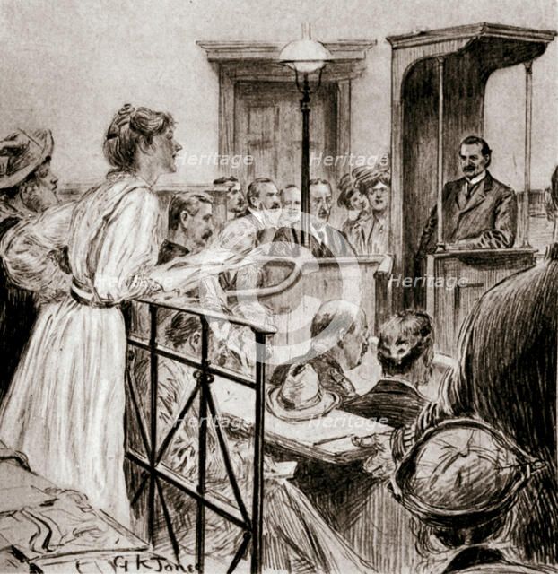 Christabel Pankhurst, British suffragette, questioning Herbert Gladstone in court, London 1909. Artist: GK Jones