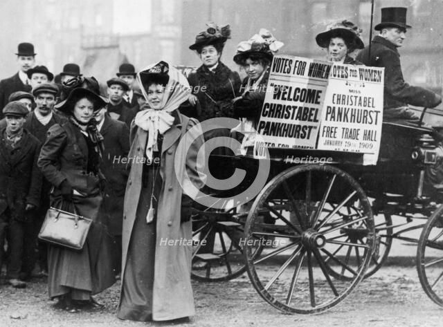 Christabel Pankhurst with a group of suffragettes, London, 1909. Artist: Unknown
