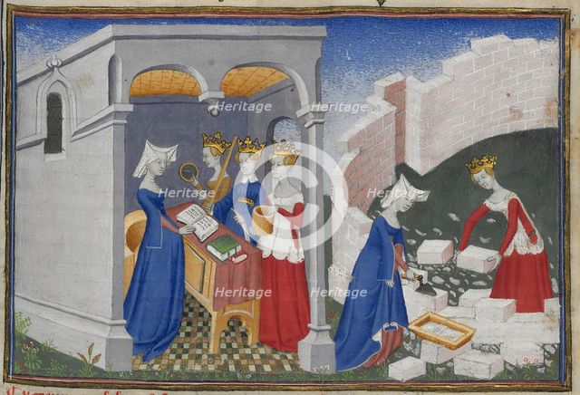 Christine de Pizan builds her city. Miniature from Cité des dames by Christine de Pizan, 1400-1410. Creator: Maître de la Cité des Dames (active ca 1400-1415).