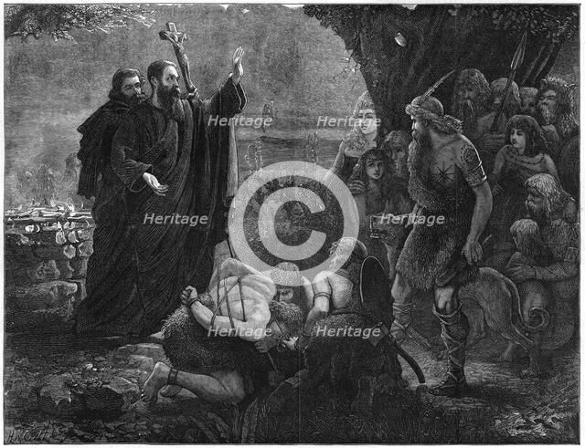 Christian missionaries interrupting a human sacrifice, 1878.Artist: J Christie