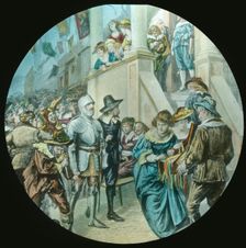 Christian and Faithful pass through Vanity Fair c1910. Creator: Unknown