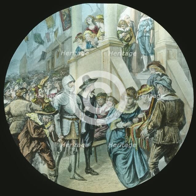 'Christian and Faithful pass through Vanity Fair', c1910.  Creator: Unknown.