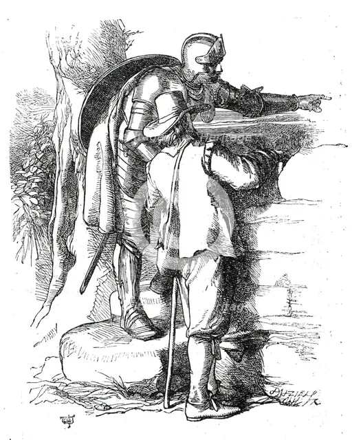 "Christian and Hopeful at the stile leading into By-Path Meadow", from "The Pilgrim's Progress",1860 Creator: Unknown.