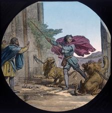 Christian encounters two lions c1910. Creator: Unknown