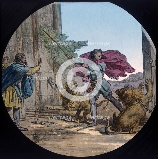 'Christian encounters two lions', c1910. Creator: Unknown.