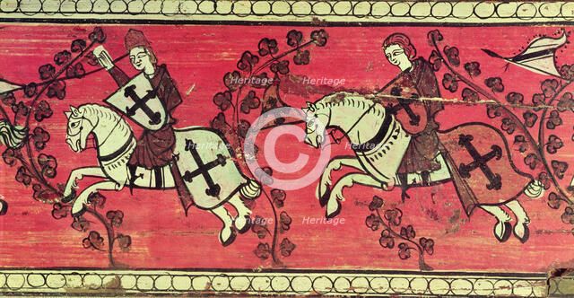 Christian Knights in a fight or sports scene. Painting on wood, possibly Aragonese coffered ceili…
