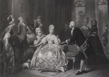 Christoph Willibald Gluck hands Queen Marie Antoinette the score of the opera..., at Trianon. Creator: Hamman, Edouard Jean Conrad (1819-1888)