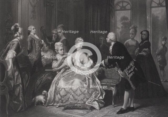 Christoph Willibald Gluck hands Queen Marie Antoinette the score of the opera..., at Trianon. Creator: Hamman, Edouard Jean Conrad (1819-1888).