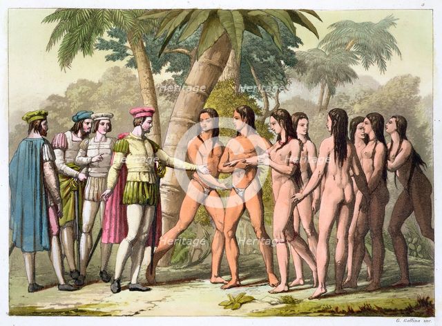 Christopher Coumbus with Hernando Cortes receiving a native American girl as a gift, (c1820-1839). Artist: Gallo Gallina