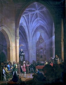 Christopher Columbus (1451 - 1506), navigator, oil painting Royal Pragmatic Reading in the Churc…