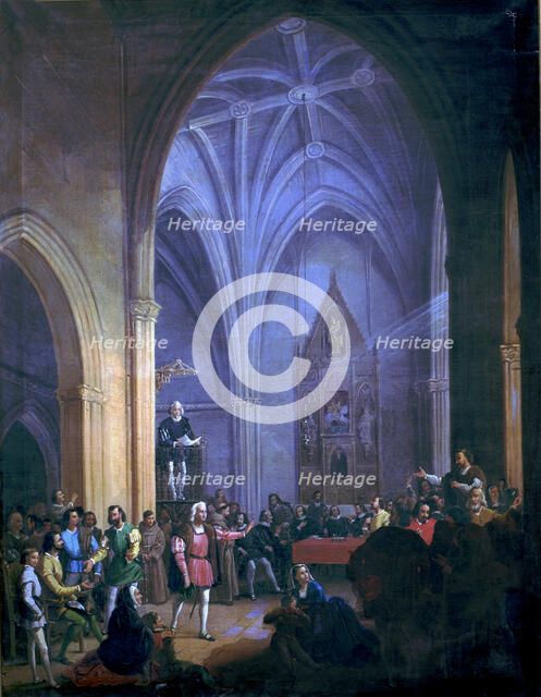 Christopher Columbus (1451 - 1506), navigator, oil painting 'Royal Pragmatic Reading in the Churc…