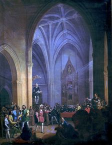 Christopher Columbus (1451 - 1506), navigator, oil painting Royal Pragmatic Reading in the Churc…