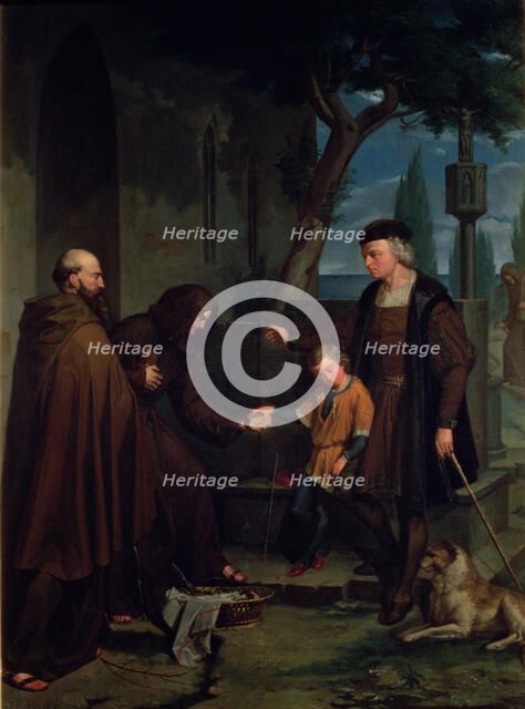 Christopher Columbus at the gates of the Convent of La Rabida asking for bread and water for his …