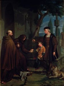 Christopher Columbus at the gates of the Convent of La Rabida asking for bread and water for his …