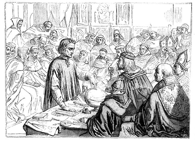 Christopher Columbus before the Council at Salamanca, Spain, 1487. Artist: Unknown