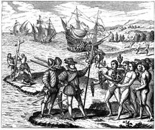 Christopher Columbus, Genoese explorer, discovering America, 12 May 1492 (1590). Artist: Theodor de Bry