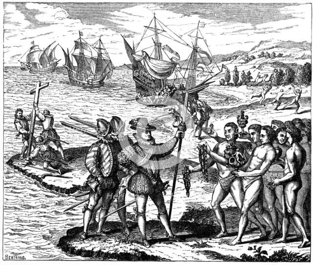 Christopher Columbus, Genoese explorer, discovering America, 12 May 1492 (1590). Artist: Theodor de Bry