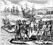 Christopher Columbus, Genoese explorer, discovering America, 12 May 1492 (1590). Artist: Theodor de Bry