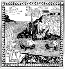 Christopher Columbus Discovering America woodcut, 1493
