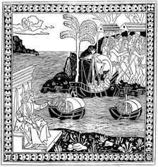 Christopher Columbus Discovering America woodcut, 1493
