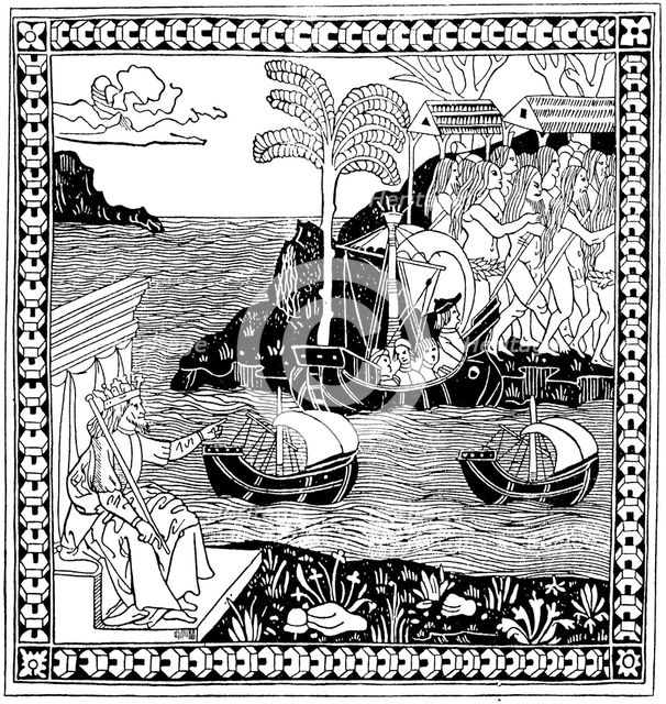 Christopher Columbus 'Discovering America', woodcut, 1493. Artist: Unknown