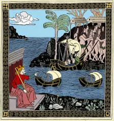 Christopher Columbus Discovering America woodcut, 1493
