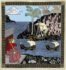 Christopher Columbus Discovering America woodcut, 1493