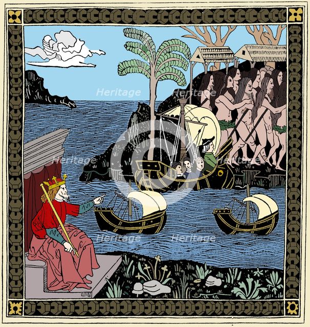 Christopher Columbus 'Discovering America', woodcut, 1493. Artist: Unknown.