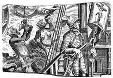 Christopher Columbus during his voyage to America, Engraving, c1500