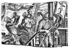 Christopher Columbus during his voyage to America, Engraving, c1500