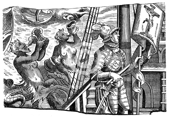 Christopher Columbus during his voyage to America, Engraving, c1500. Artist: Unknown