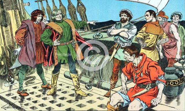Christopher Columbus, faced with mutiny on his voyage to America, 1492 (early 20th century). Artist: Unknown