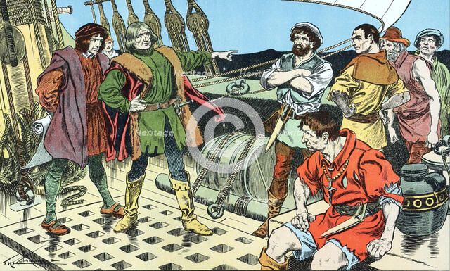 Christopher Columbus, faced with mutiny on his voyage to America, 1492 (early 20th century). Artist: Unknown