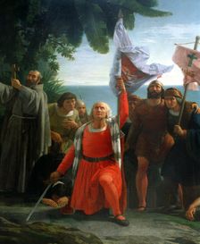 Christopher Columbus, first landed in America, oil, 1862