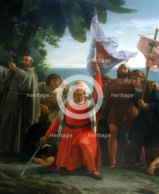 Christopher Columbus, first landed in America, oil, 1862.