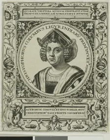 Christopher Columbus, frontispiece from volume 5 of Theodor de Bry's America, 1595. Creator: Johann Theodor de Bry
