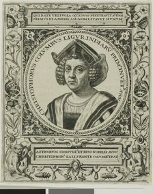Christopher Columbus, frontispiece from volume 5 of Theodor de Bry's America, 1595. Creator: Johann Theodor de Bry