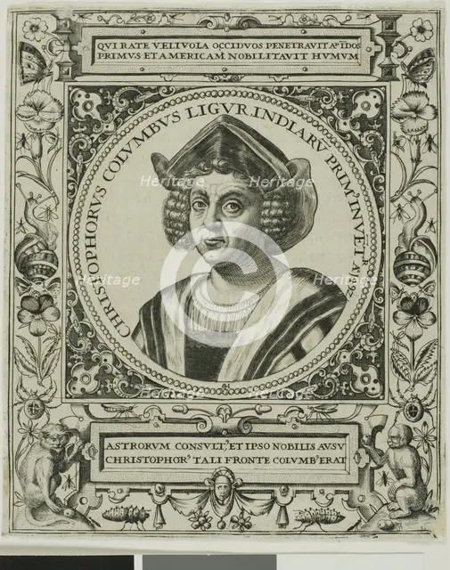 Christopher Columbus, frontispiece from volume 5 of Theodor de Bry's America, 1595. Creator: Johann Theodor de Bry.