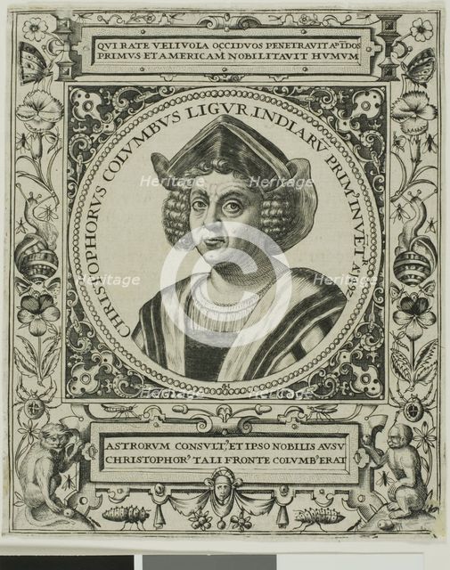 Christopher Columbus, frontispiece from volume 5 of Theodor de Bry's America, 1595. Creator: Johann Theodor de Bry.