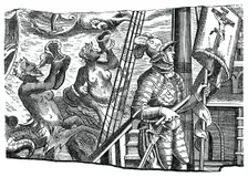 Christopher Columbus on board his ship, during his first voyage to the west, 16th century, (1870)