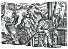 Christopher Columbus on board his ship, during his first voyage to the west, 16th century, (1870)