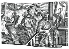 Christopher Columbus on board his ship, during his first voyage to the west, 16th century, (1870)