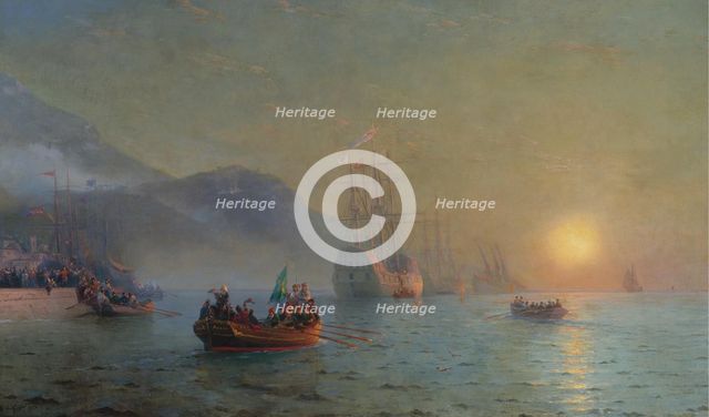 Christopher Columbus sailing from Palos, 1892. Artist: Aivazovsky, Ivan Konstantinovich (1817-1900)
