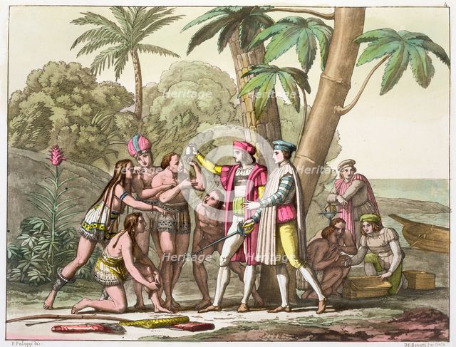 Christopher Columbus with Native Americans, 1492-1503 (c1820-1839). Creator: DK Bonatti.