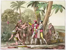 Christopher Columbus with Native Americans, 1492-1503 (c1820-1839). Creator: DK Bonatti