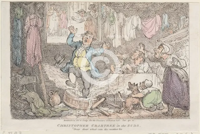 Christopher Crabtree in the Suds: "Dear, dear what can the matter be", 1807., 1807. Creator: Thomas Rowlandson.