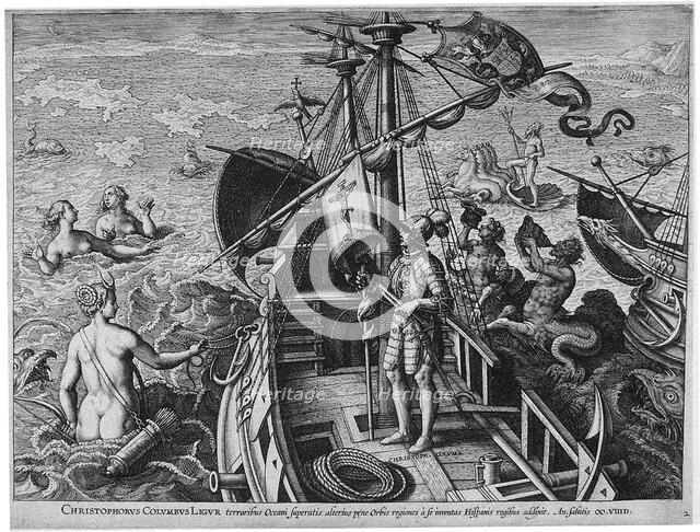 Christophorus Columbus Ligur (Americae Retectio), 1591. Artist: Galle, Philipp (1537-1612)