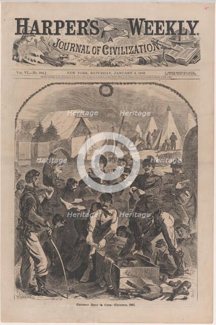 Christmas Boxes in Camp - Christmas, 1861 (Harper's Weekly, Vol. VI), January 4, 1862. Creator: Unknown.